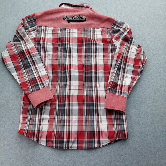Red Ape Mens Red Plaid Collared Long Sleeve Button Up Shirt  Large - Picture 13 of 14